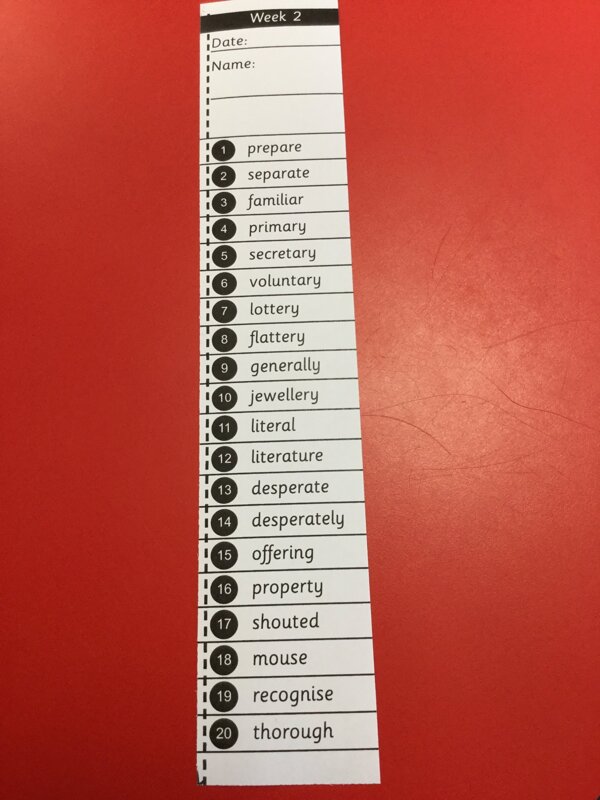 Image of Spellings for the week ahead. 